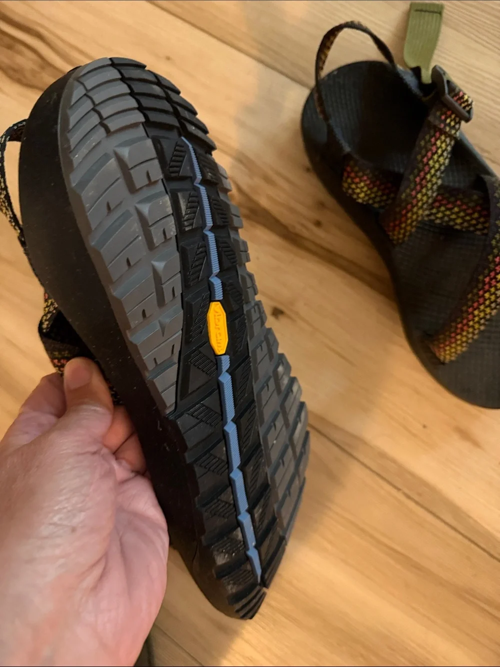 Brand New Chaco Sandals with Olive & Yellow  Patterned Straps